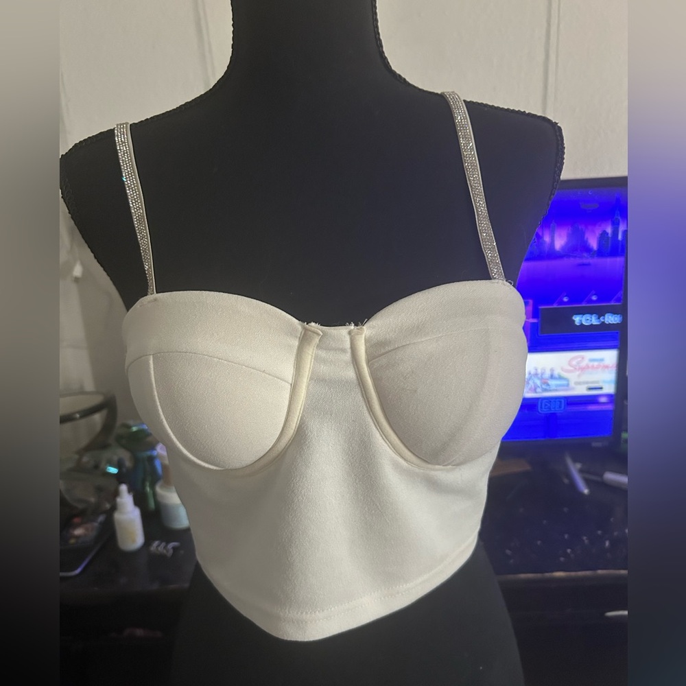 All white bustier top cropped with bedazzled straps size medium